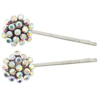 Karen Marie - Crystal Ball Bobby Pins - White Diamond AB - Silver (Set of 2)